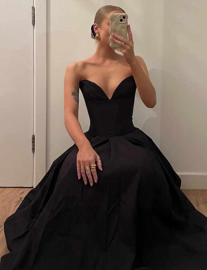 Elegant A Line V Neck Black Satin Long Prom Dress Evening Dress DP1585