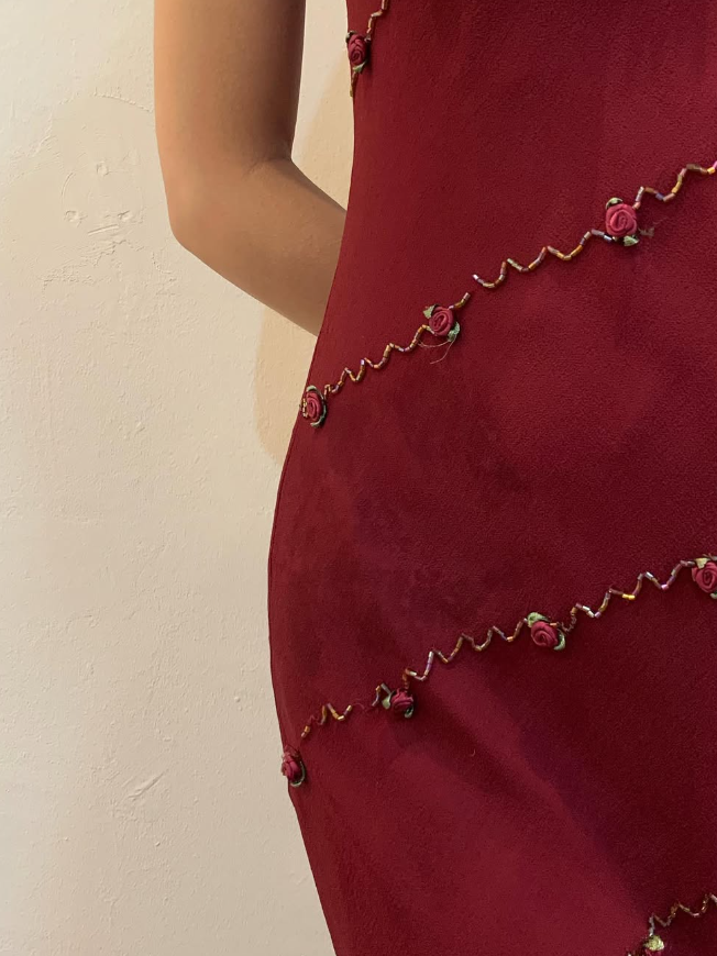 Vintage Sheath Spaghetti Strap Ruffle Beaded Burgundy Chiffon Prom Dress Evening Dress DP1635