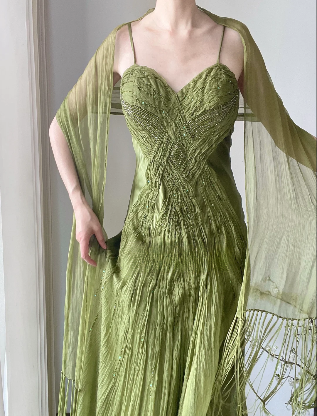 Retro Green Mermaid Spaghetti Strap Beaded Pleated Chiffon Long Prom Dress Evening Dress DP3350