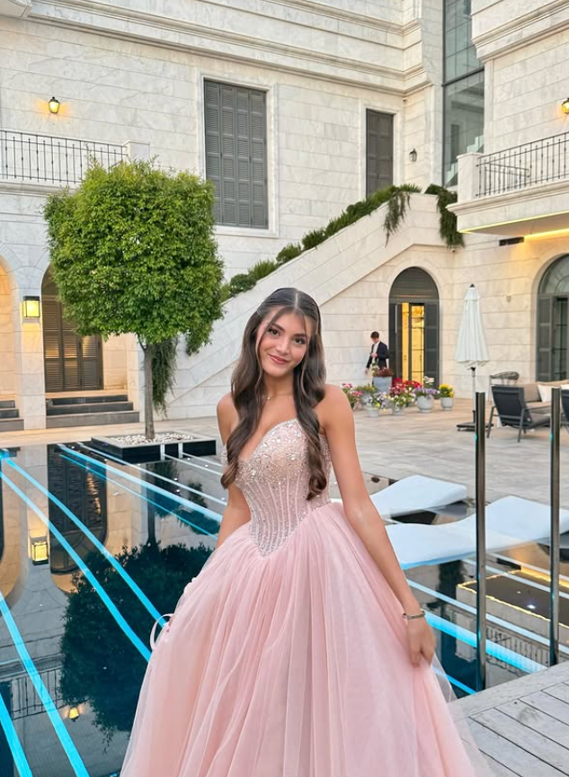 Pink A Line Sweetheart Neck Beaded Tulle Prom Dress Wedding Guest Dress DP4118