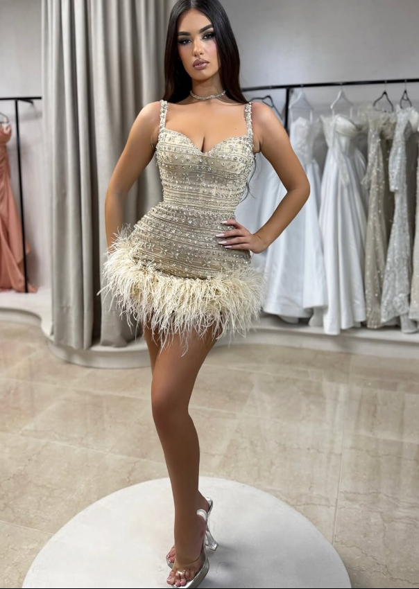 Sexy Rhinestone Sheath Straps Feather Tulle Short Prom Dress Homecoming Dress DP6128