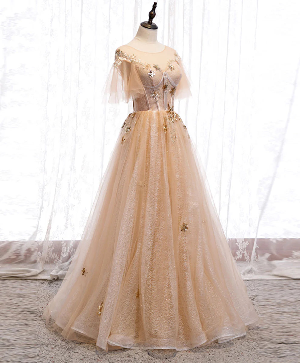 Champagne Round Neck Star Sequins Tulle Lace Long Prom Dress Formal Dress DP1162