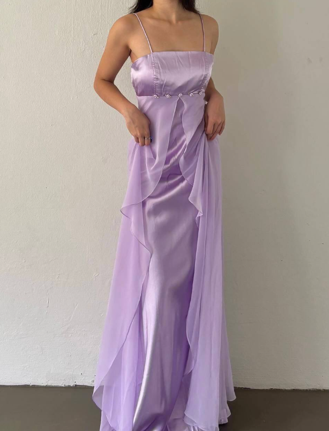 Retro Purple A Line Spaghetti Strap Flower Satin Chiffon Party Dress Evening Dress DP2869