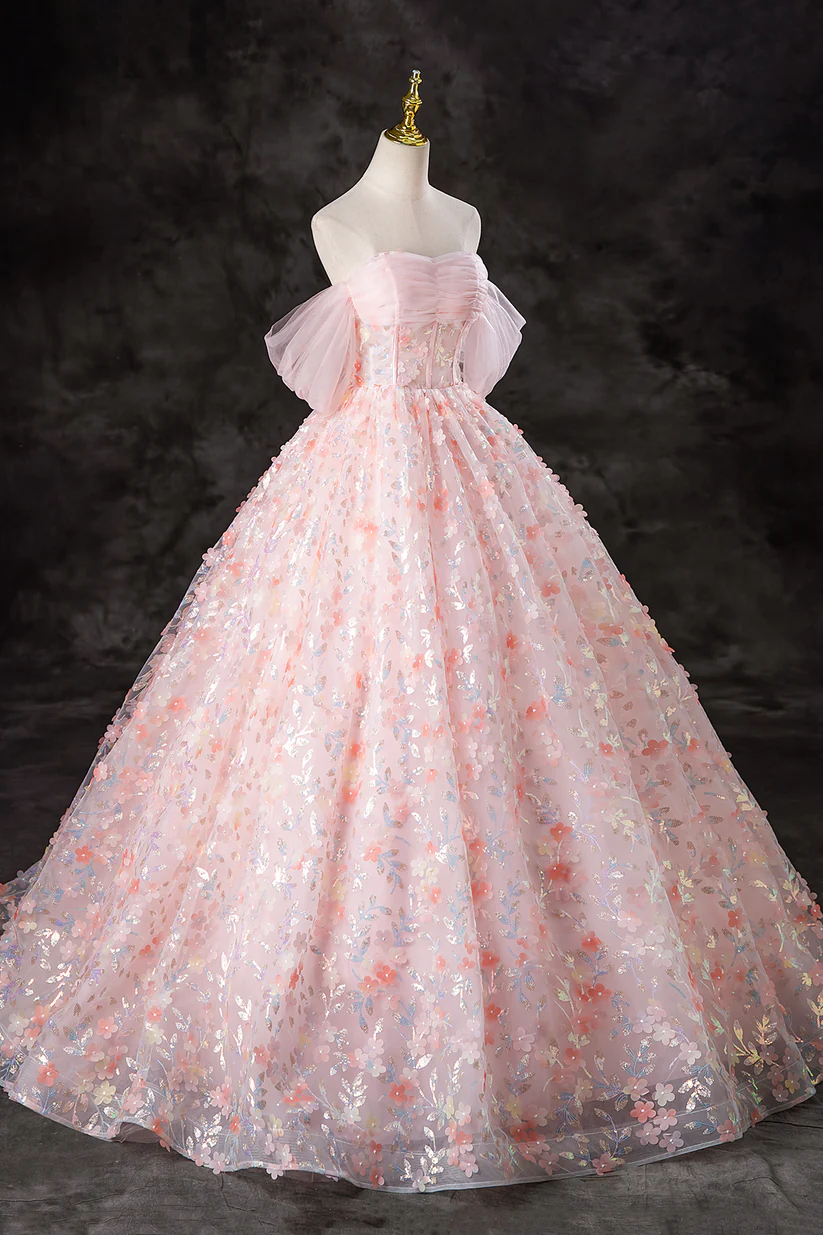 Pink Tulle Flowers Long Formal Dress Off the Shoulder Evening Party Dress DP490