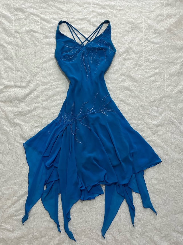 Cute Vintage A Line Spaghetti Strap Beaded Blue Chiffon Prom Dress Graduation Prom Dress DP2156