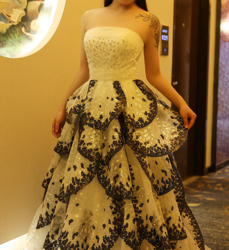 Inspiration A Line Strapless Tiered Sequin White Tulle Long Prom Dress Evening Dress DP1917