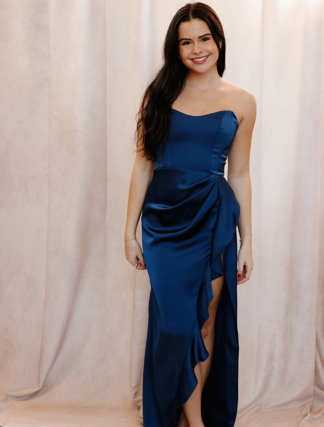 Elegant Sheath Sweetheart Neck Ruffle Navy Blue Satin Prom Dress Evening Dress with Slit DP1851