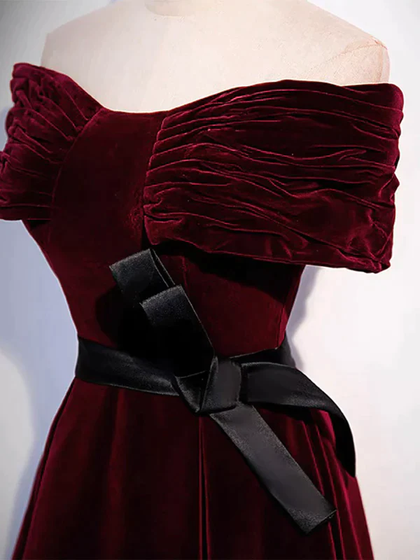 Burgundy Velvet Off The Shoulder Long Evening Dress Prom Dress DP005