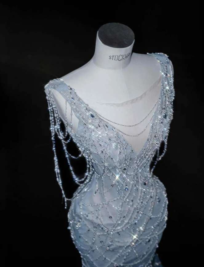 Blue Mermaid V Neck Rhinestone Tulle Long Prom Dress Party Dress DP2755