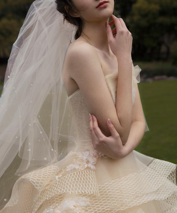 Luxury Ball Gown Strapless Champagne Tulle Long Wedding Dress DP1563