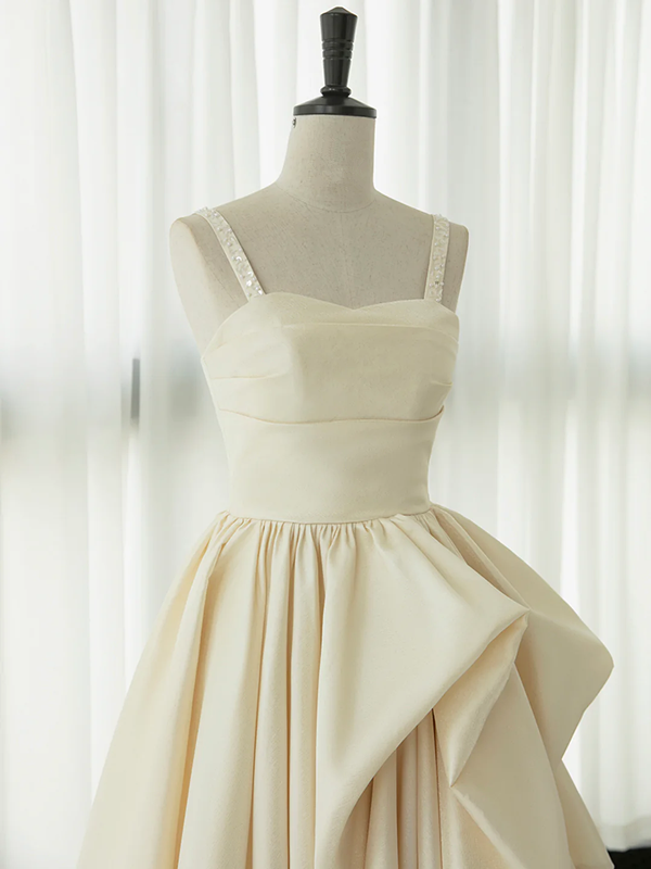 Irregular A Line Champagne Satin Tea Length Prom Dress Evening Party Dress DP1116