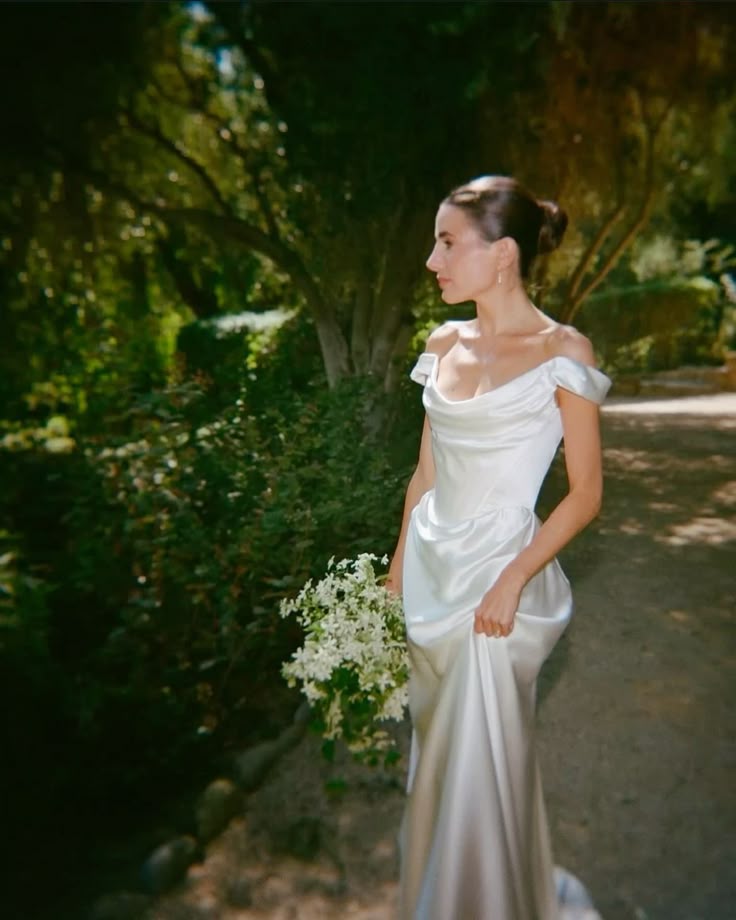 Elegant A Line Off the Shoulder Pleated White Satin Long Prom Dress Wedding Dress DP7190