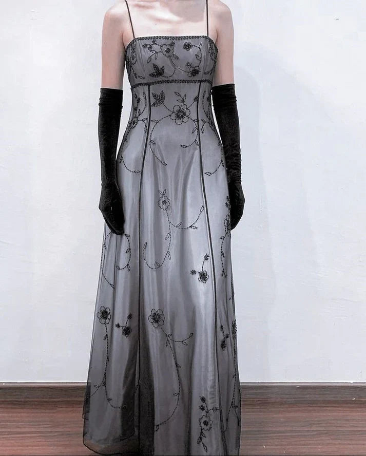 Vintage A Line Spaghetti Strap Beaded Chiffon Blue Satin Prom Dress Graduation Prom Dress DP2196