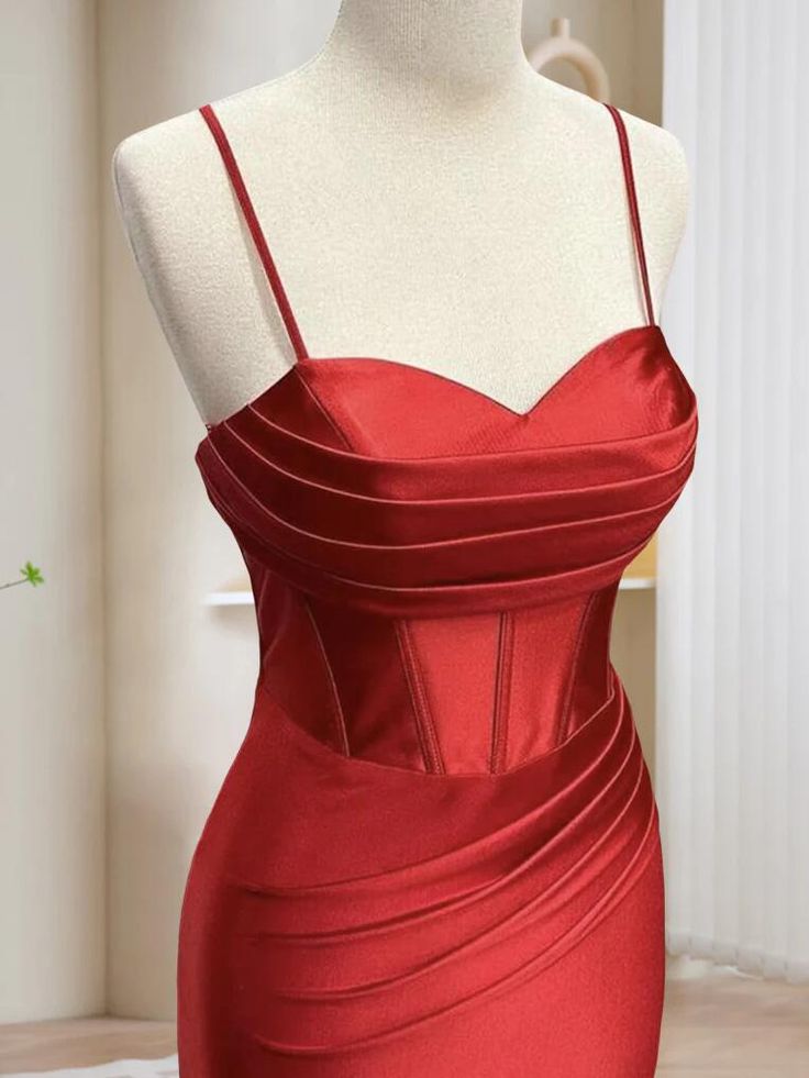Red Mermaid Spaghetti Strap Satin Long Prom Dresses With Slit DP805