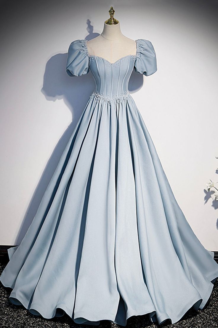 A Line Puff Sleeve Blue Satin Pearl Long Prom Dress Evening Dress DP1102