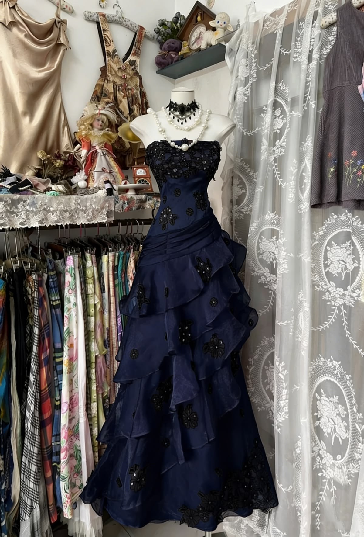 Dark Navy Blue A Line Strapless Appliques Layered Tulle Prom Dress Evening Dress DP7505