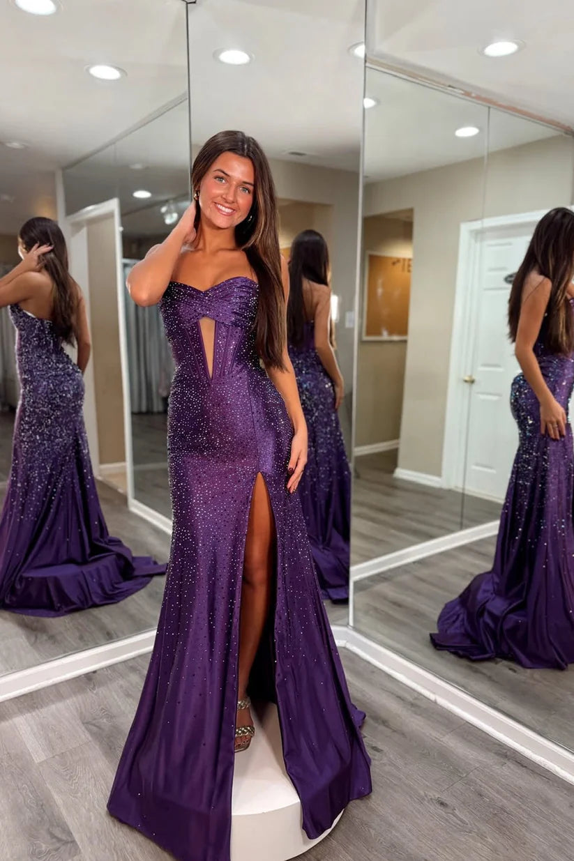 Dark Purple Mermaid Sweetheart Neck Beaded Satin Evening Dress Prom Dress with Slit DP7666