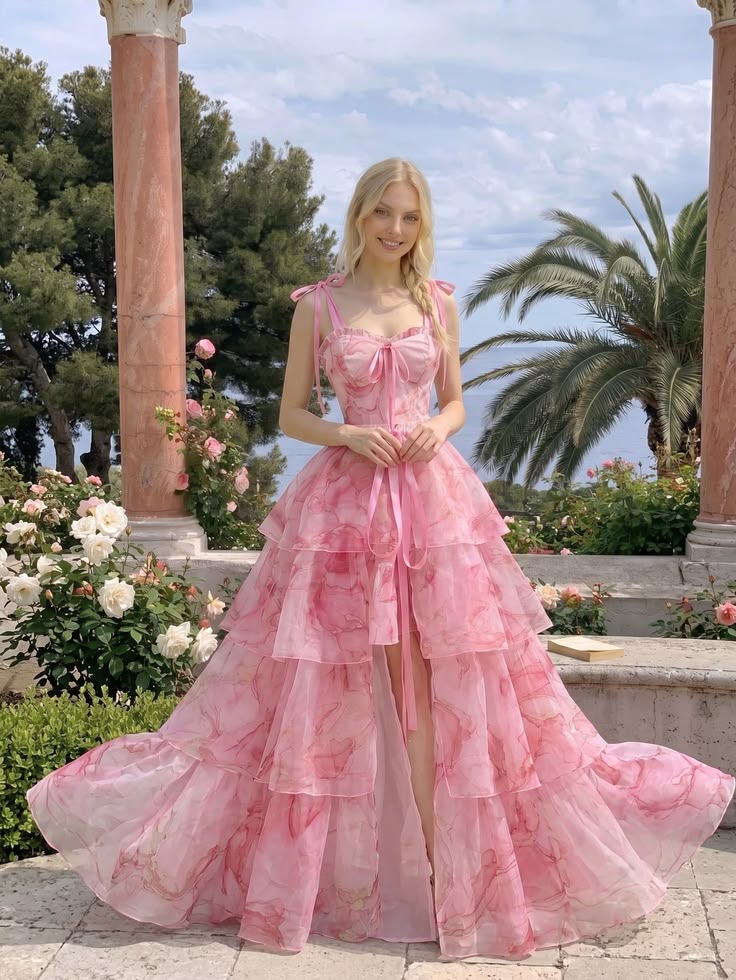 Sweaty Pink A Line Spaghetti Straps Print Floral Chiffon Prom Dress Evening Dress DP6098