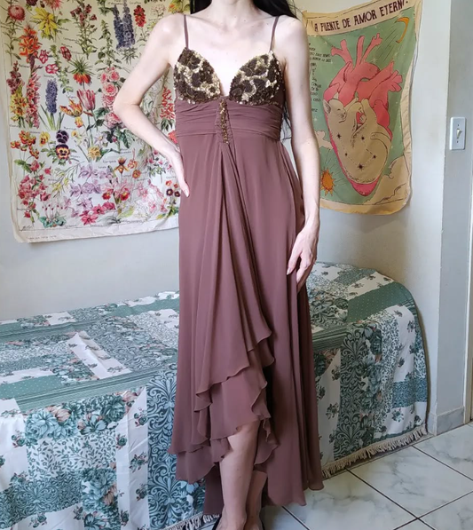 Vintage A Line Spaghetti Strap Beaded Sequin Brown Chiffon Prom Dress Graduation Prom Dress DP2155