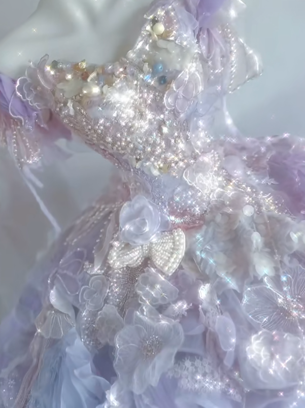 Lilac Ball Gown Off the Shoulder Floral Beaded Tulle Prom Dress 18th Birthday Dress DP4149
