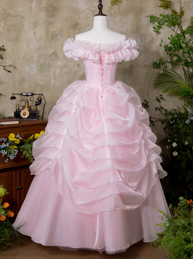 Pink Ball Gown Off the Shoulder Layered Lace Organza Prom Dress 16th Birthday Dress DP3565