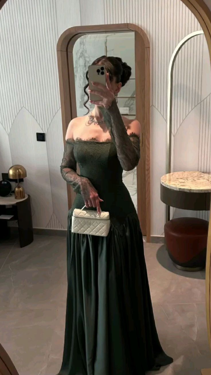 Dark Green A Line Long Sleeve Lace Satin Prom Dress Evening Dress DP7526