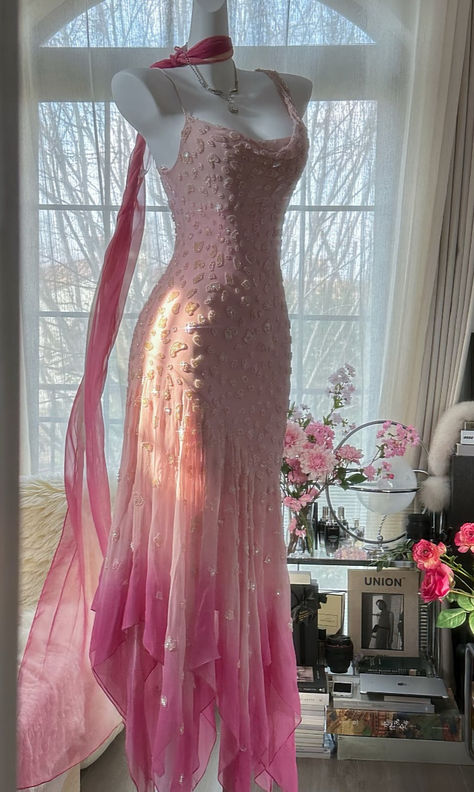 Gentle Mermaid Strap Beaded Pink Ombre Chiffon Long Prom Dress Graduation Prom Dress DP2224