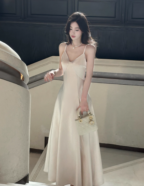 Simple White Spaghetti Strap Satin Prom Dress Evening Dress Party Dress DP3589