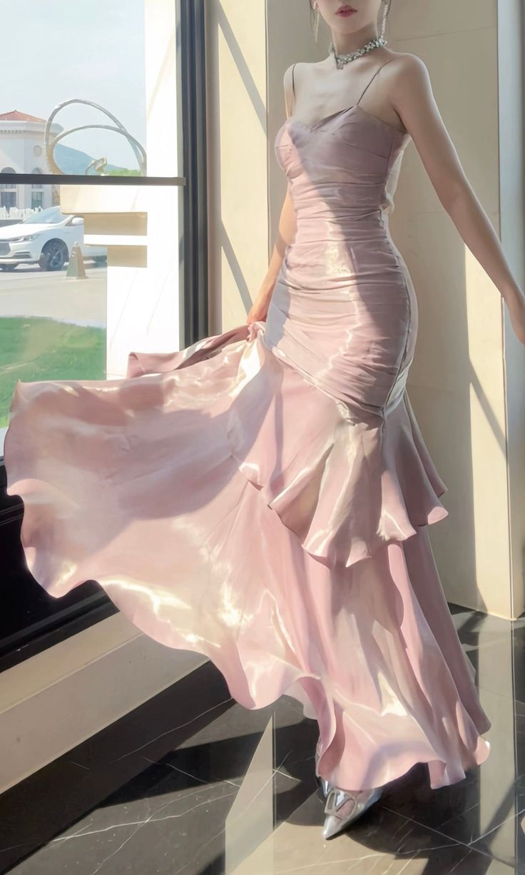 Romantic Pink Mermaid Spaghetti Strap Satin Long Prom Dress Evening Dress DP2032