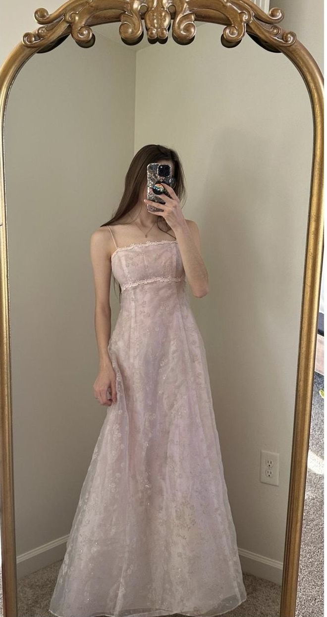 Retro A Line Spaghetti Strap Light Pink Organza Long Evening Dress Party Dress DP3287