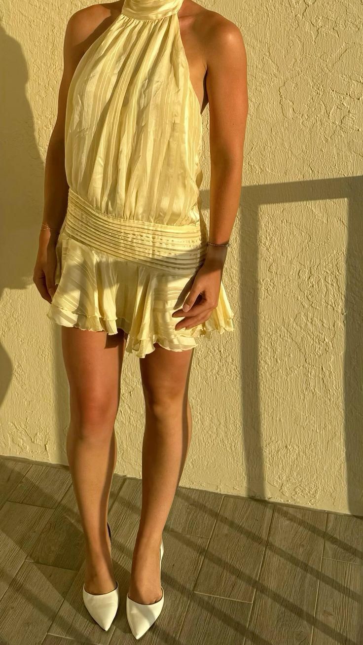 Yellow A Line Halter Satin Short Open Back Homecoming Dress Birthday Dress DP4014