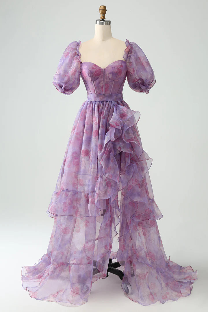 Purple A Line Puff Sleeve Corset Long Prom Dress With Slit Floor Length DP1138