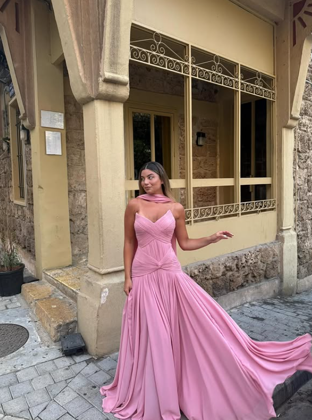 Pink A Line Strapless Pleated Chiffon Long Prom Dress Party Dress Wedding Guest Dress DP4112