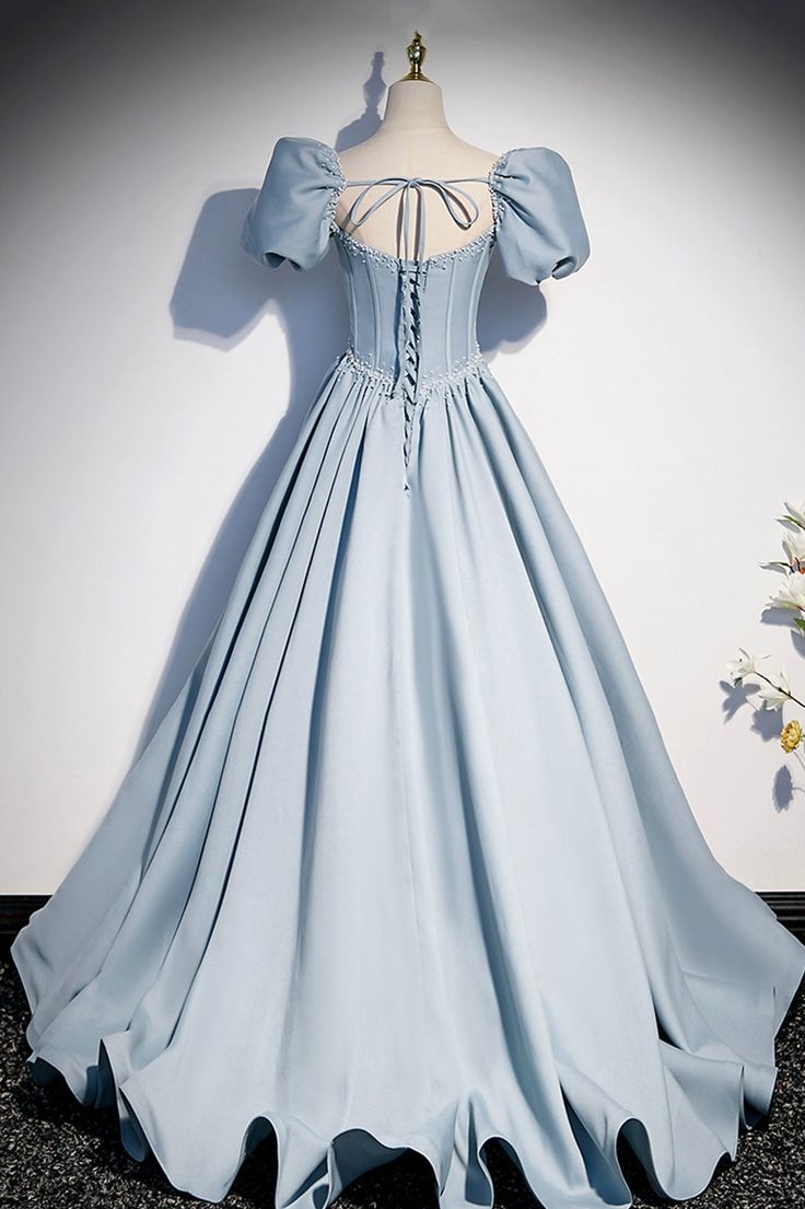 A Line Puff Sleeve Blue Satin Pearl Long Prom Dress Evening Dress DP1102