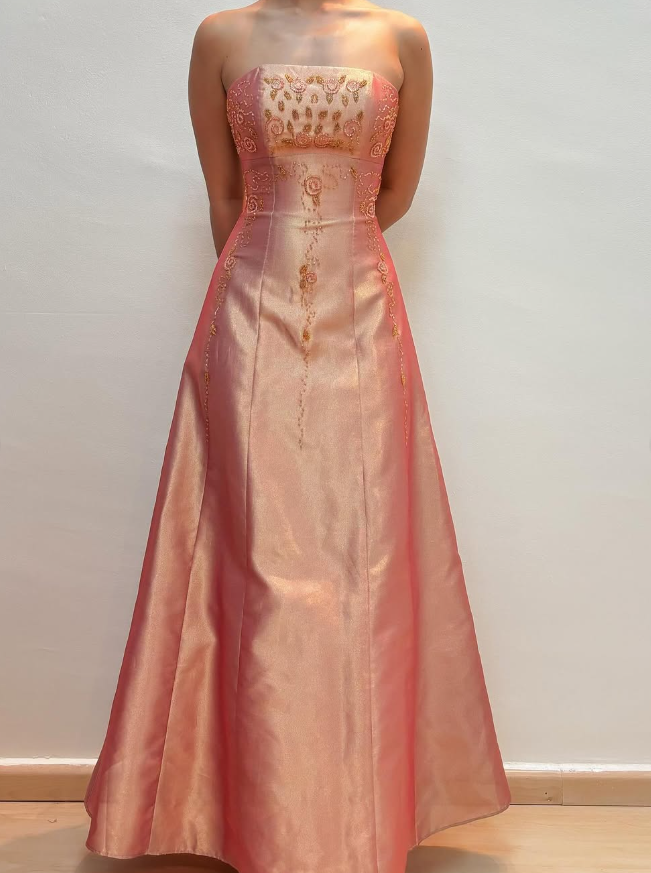 Vintage A Line Strapless Beaded Satin Prom Dress Evening Dress DP1671