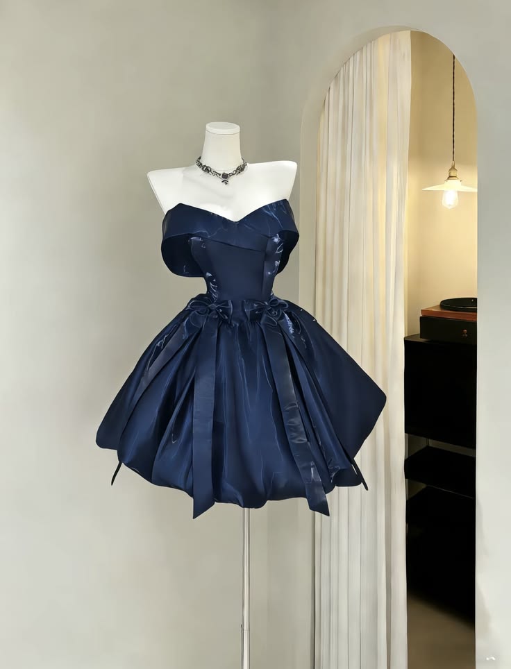 Navy Blue A Line Off the Shoulder Bow Satin Backless Short Homecoming Dress DP5684