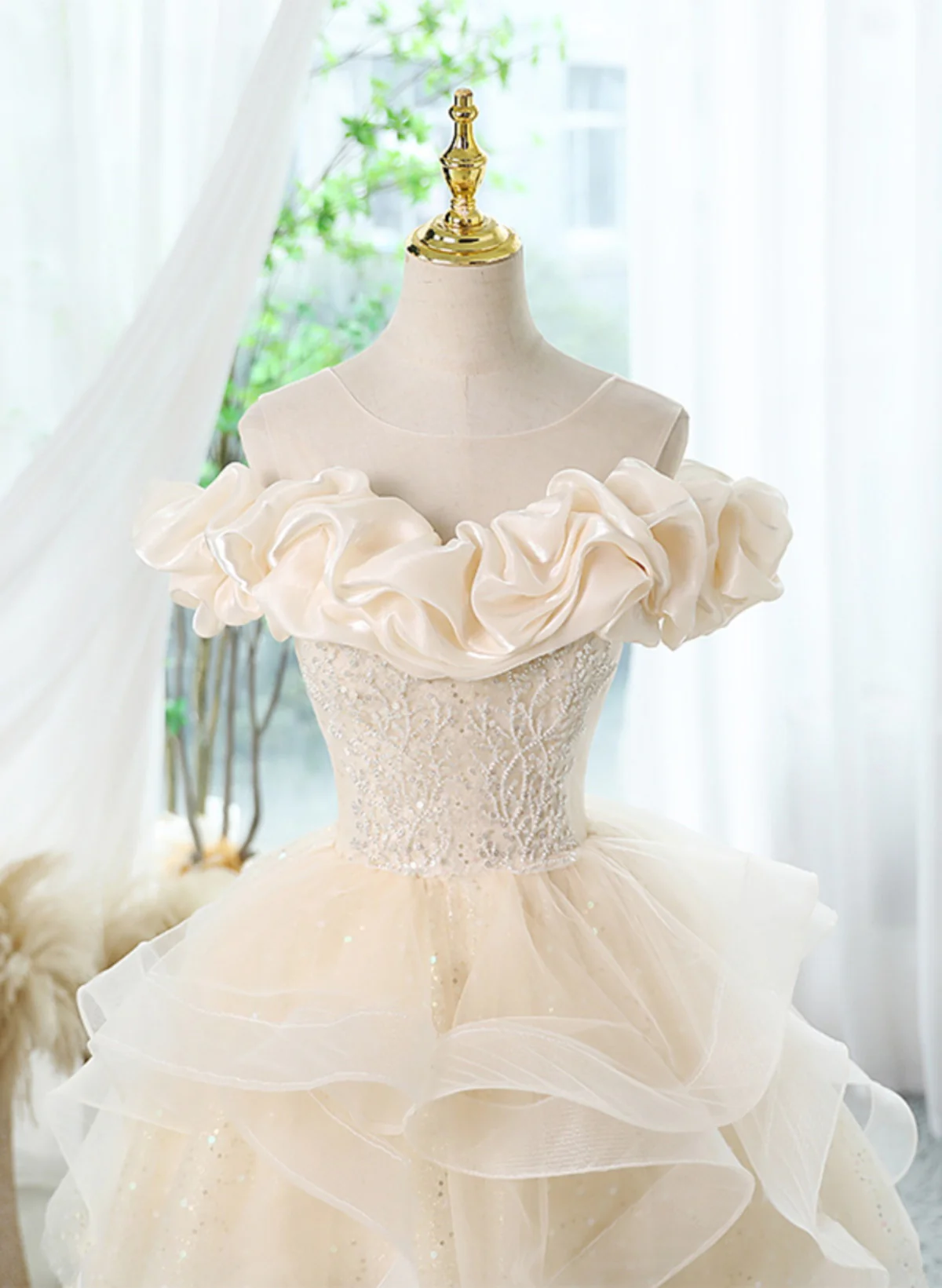 Cute Light Champagne Off Shoulder Homecoming DressTulle Short Prom Dress DP304