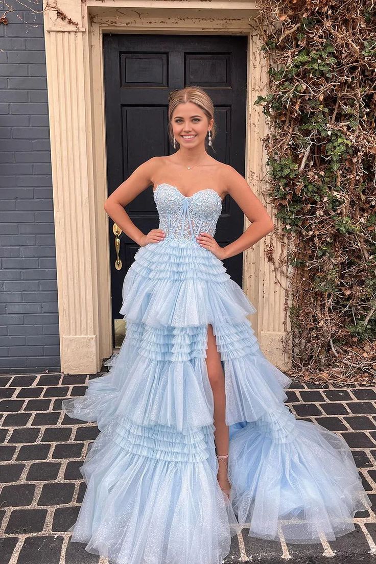 A Line Strapless Layered Tulle Long Prom Dresses With Slit DP773