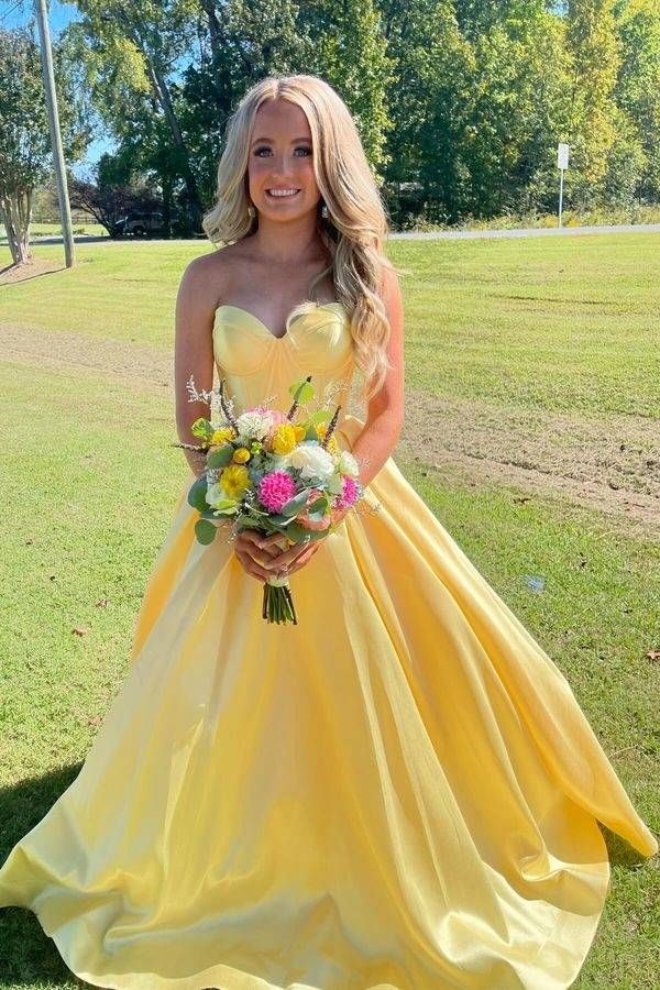 Yellow A Line Sweetheart Corset Satin Prom Dress DP822