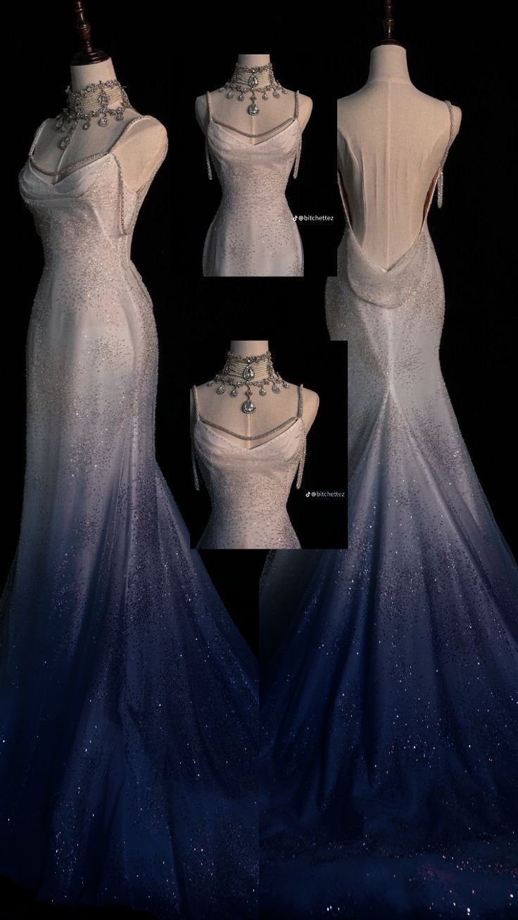 Stunning Mermaid Spaghetti Strap Blue Ombre Sequin Tulle Prom Dress Formal Gown DP3669