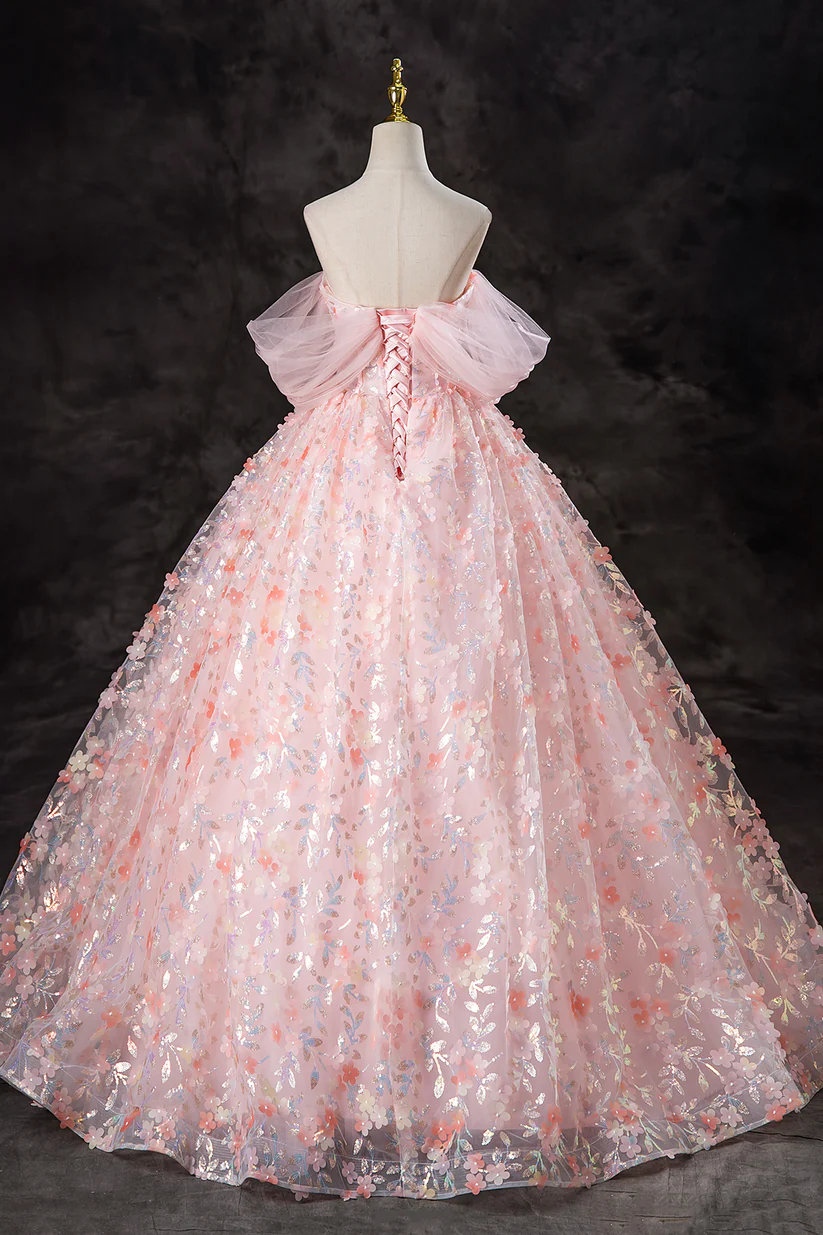 Pink Tulle Flowers Long Formal Dress Off the Shoulder Evening Party Dress DP490