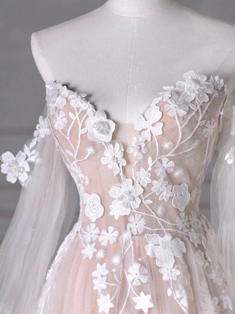 A Line Sweetheart Neck Long Sleeve Lace Tulle Light Champagne Long Prom Dress DP943