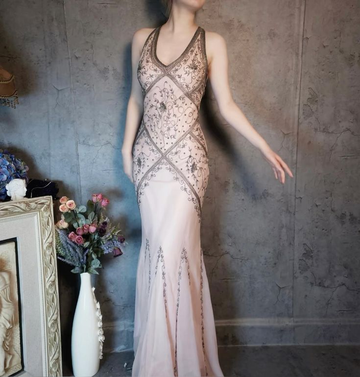 Vintage Mermaid Halter Beaded Chiffon Open Back Long Party Dress Evening Dress DP2370