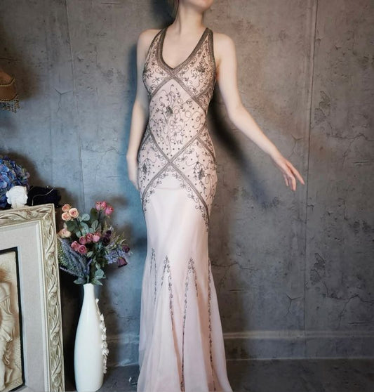Vintage Mermaid Halter Beaded Chiffon Open Back Long Party Dress Evening Dress DP2370