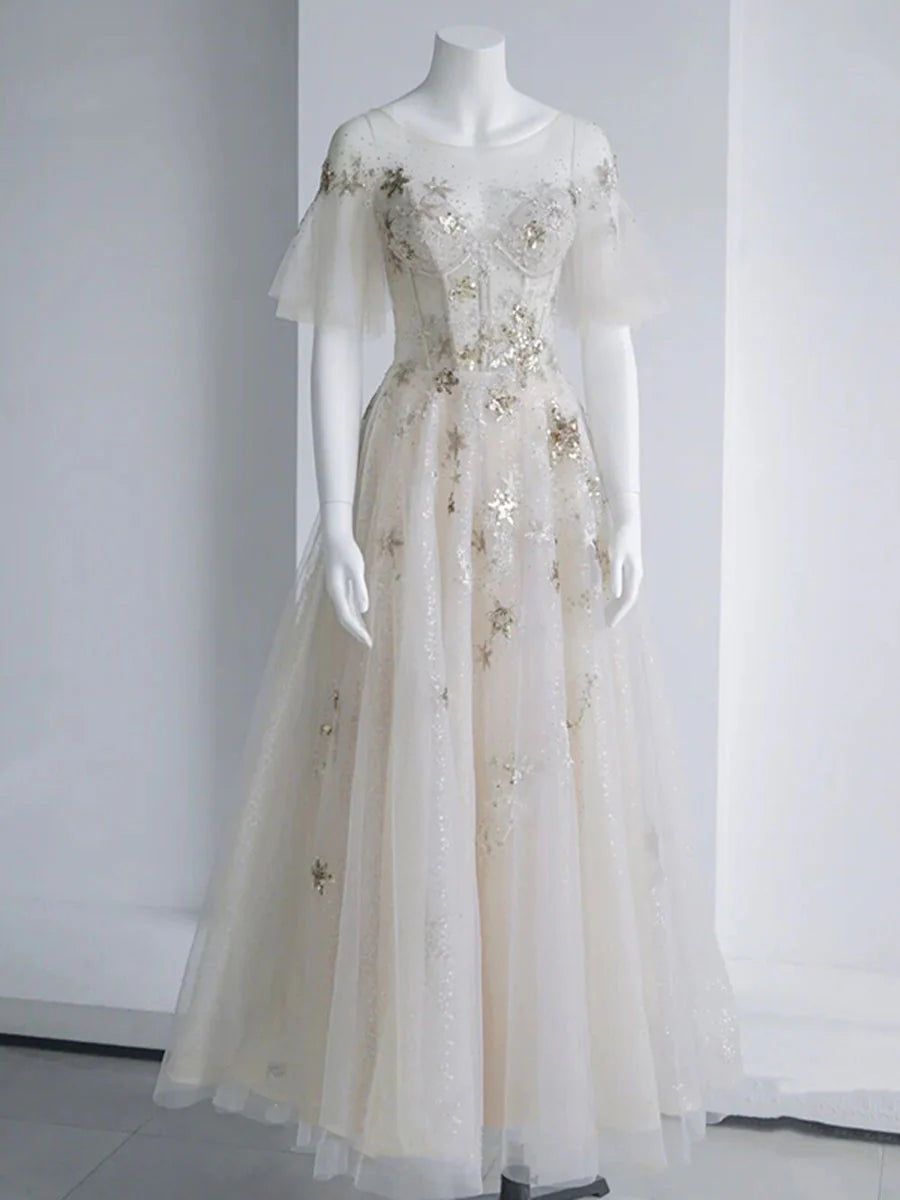 A Line Round Neck Star Sequin Tulle Prom Dress Evening Dress DP1176