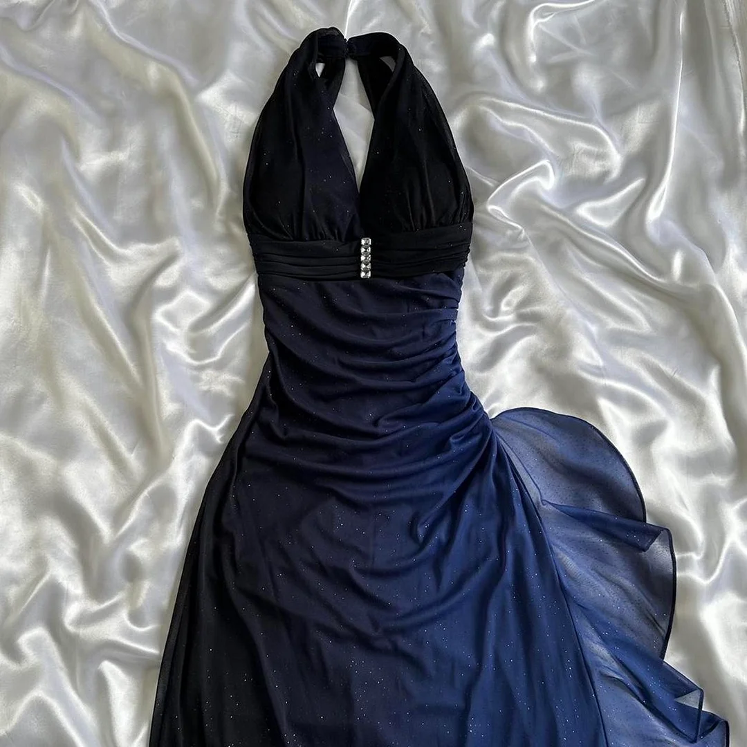 Ombre Navy Blue A Line Halter Chiffon Prom Dress Graduation Prom Dress DP1996