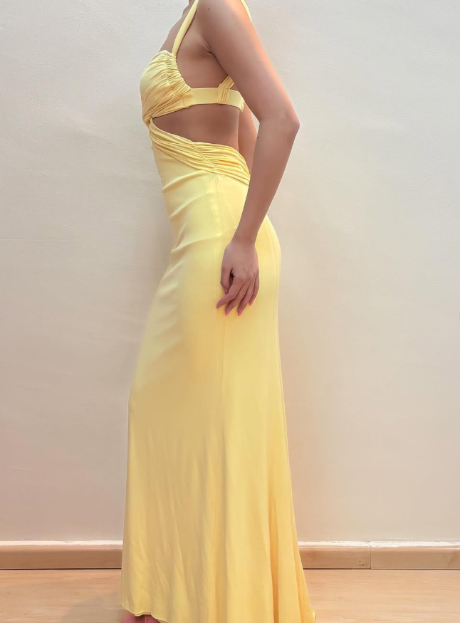 Elegant Sheath Strap Yellow Satin Open Back Prom Dress Evening Dress DP1644