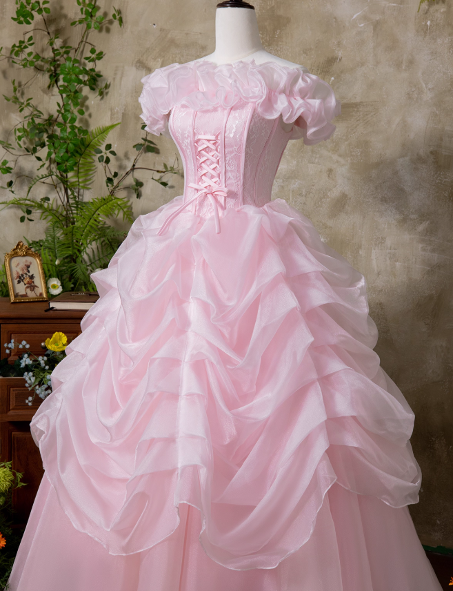 Pink Ball Gown Off the Shoulder Layered Lace Organza Prom Dress 16th Birthday Dress DP3565