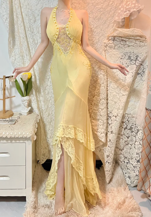 Vintage Mermaid V Neck Beaded Yellow Lace Chiffon Prom Dress Wedding Guest Dress DP4279