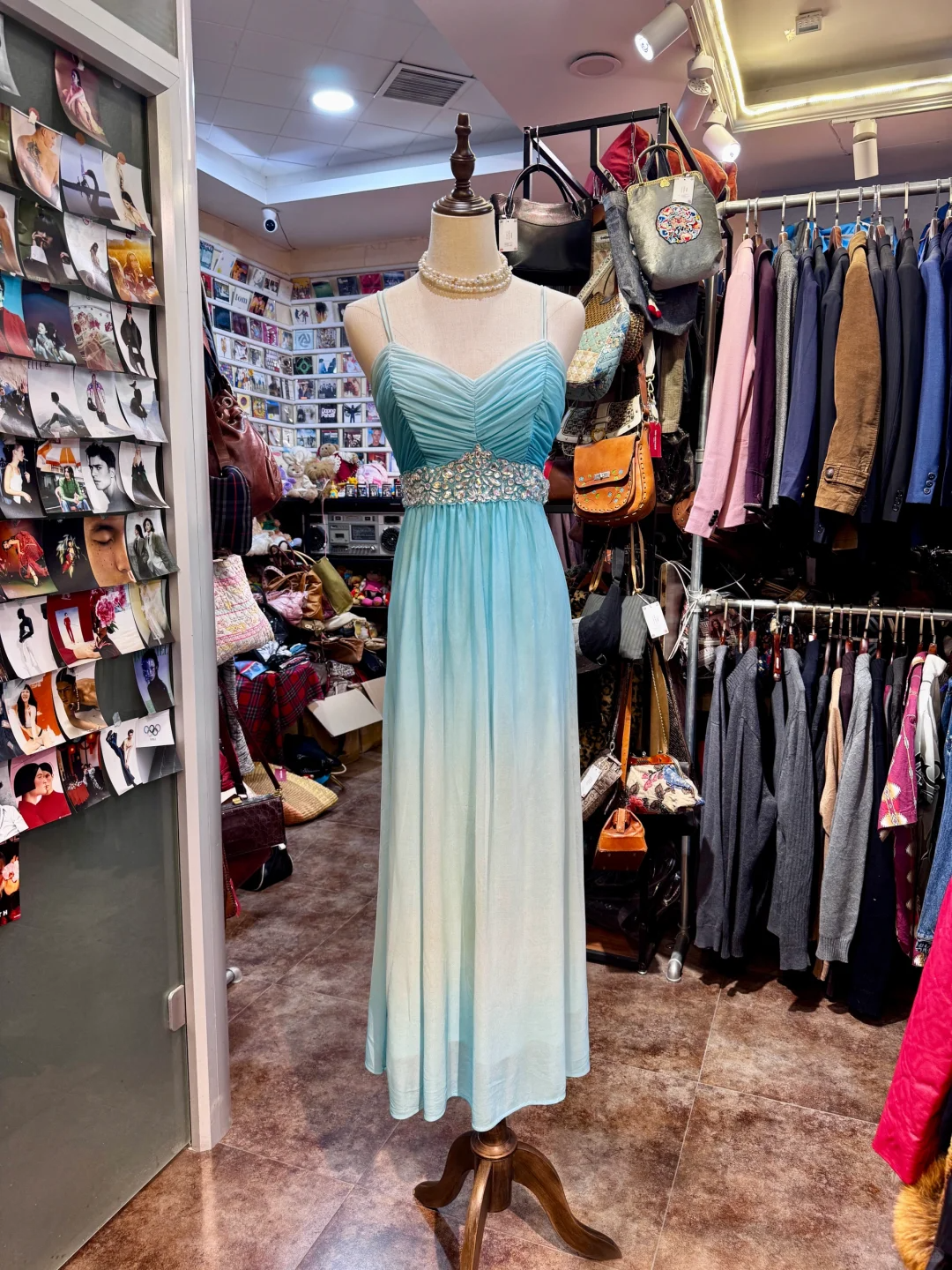 Vintage A Line Spaghetti Strap Rhinestone Blue Ombre Chiffon Prom Dress Party Dress DP3710